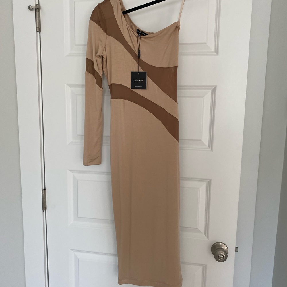 JLUXLABEL Tan Asymmetrical Bodycon Dress Cocktail